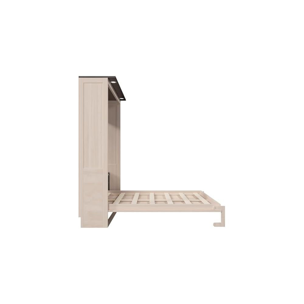 MERITLINE Queen Murphy Bed with LED, Farmhouse Solid Wood Vertical Murphy Wall Bed Cabinet for Adults (Natural Wood)