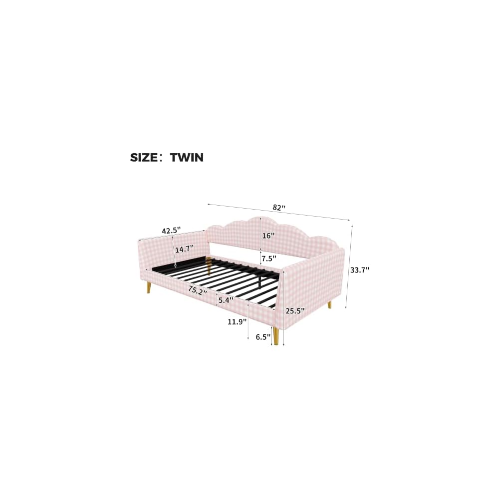 Twin Daybed Frame, Pink Gingham Upholstered Daybed with Metal Slats