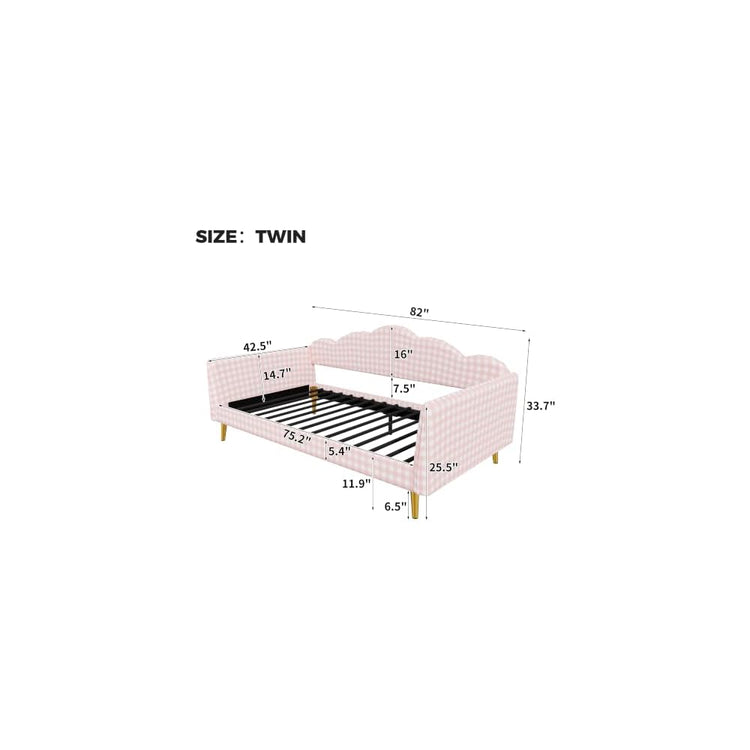 Twin Daybed Frame, Pink Gingham Upholstered Daybed with Metal Slats