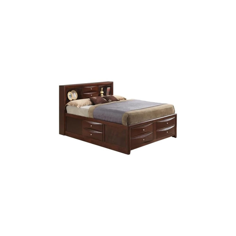 MAKLAINE Contemporary King Storage Bed, Wood Veneers, Cherry Finish, 49" H x 80" W x 92" D, 8 Dovetailed Drawers with Beveled Fronts, Bookcase Headboard, Bedroom Furniture