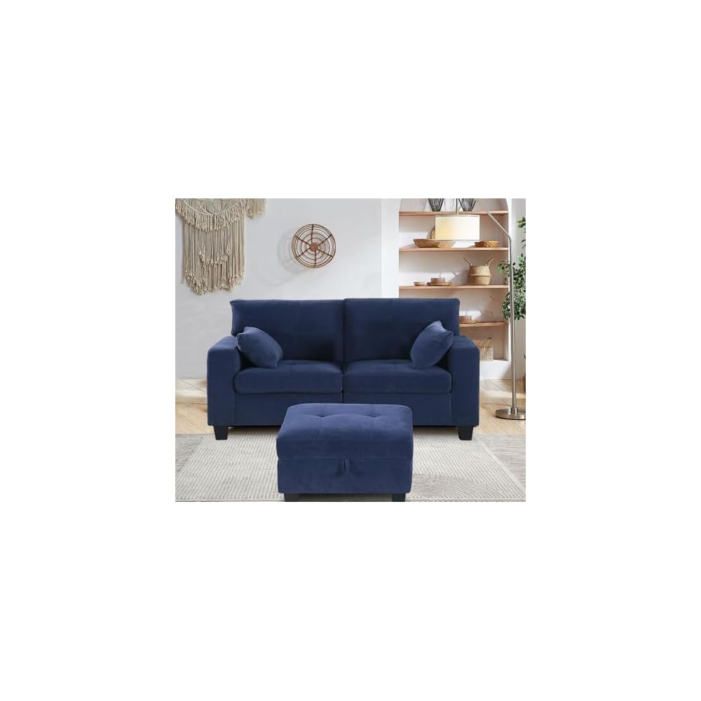 58" Loveseat Sofa with Storage Ottoman, Modular Sectional Sofa Ottoman Set, Navy Blue Velvet Small Office Couch, L Shaped 2 Seater Love Seat Couch for Small Spaces(Navy Blue)