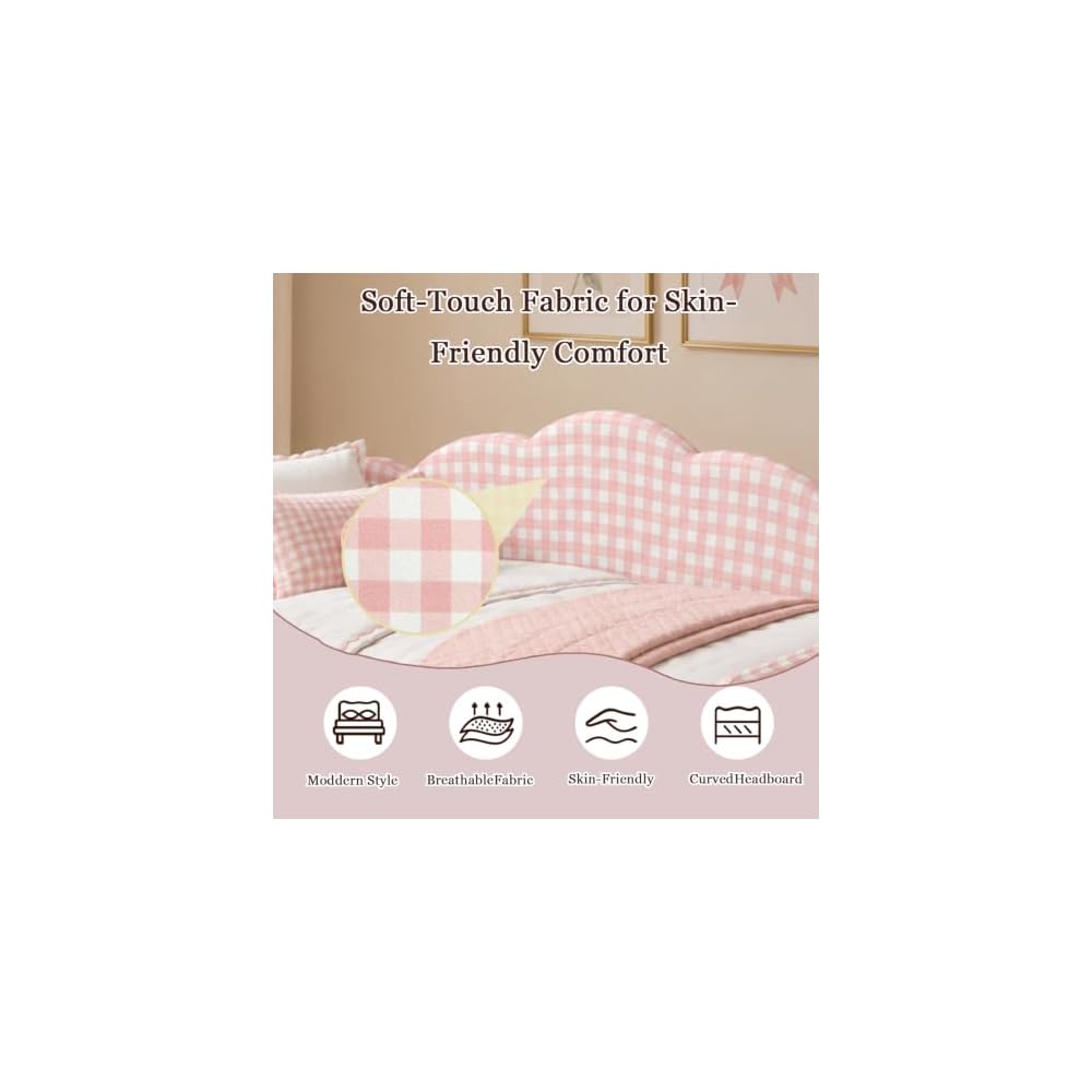Twin Daybed Frame, Pink Gingham Upholstered Daybed with Metal Slats