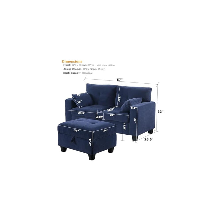 58" Loveseat Sofa with Storage Ottoman, Modular Sectional Sofa Ottoman Set, Navy Blue Velvet Small Office Couch, L Shaped 2 Seater Love Seat Couch for Small Spaces(Navy Blue)