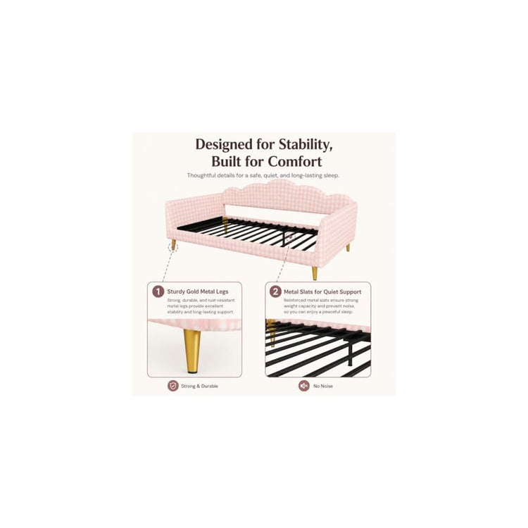 Twin Daybed Frame, Pink Gingham Upholstered Daybed with Metal Slats