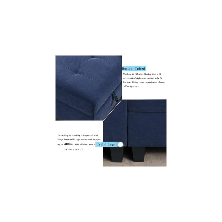 58" Loveseat Sofa with Storage Ottoman, Modular Sectional Sofa Ottoman Set, Navy Blue Velvet Small Office Couch, L Shaped 2 Seater Love Seat Couch for Small Spaces(Navy Blue)
