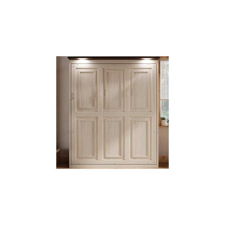 MERITLINE Queen Murphy Bed with LED, Farmhouse Solid Wood Vertical Murphy Wall Bed Cabinet for Adults (Natural Wood)