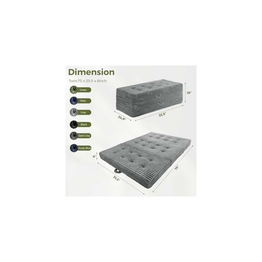 MAXYOYO Folding Sofa Couch Bed, 6 Inch Tri-Fold Floor Sofa Bed, Folding Mattress with Handles, Soft Faux Fur Folding Bed with Supportive Foam Filling, Portable Couch for Living Room, Twin, Grey