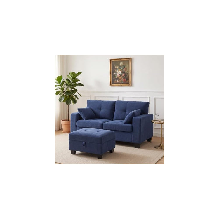 58" Loveseat Sofa with Storage Ottoman, Modular Sectional Sofa Ottoman Set, Navy Blue Velvet Small Office Couch, L Shaped 2 Seater Love Seat Couch for Small Spaces(Navy Blue)