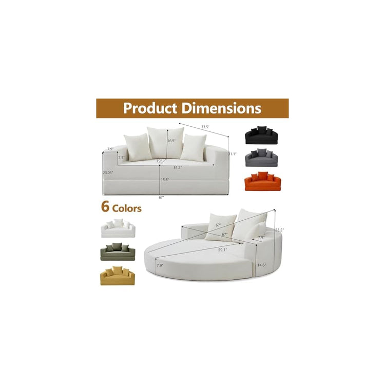 Anwick 67" Convertible Sleeper Sofa Bed Upholstered Round, White Boneless Folding Sofa Bed Couch for Living Room Oversized Round Reading Chair for Bedroom Apartment