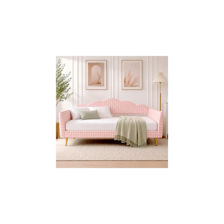 Twin Daybed Frame, Pink Gingham Upholstered Daybed with Metal Slats