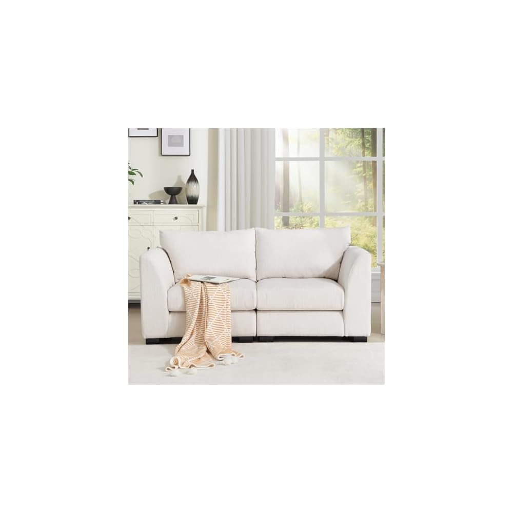CIMOTA 60" Cloud Couch Modular Loveseat Sofa, Fabric 2-Seater Couches with Deep Seats & Wood Frame, Modern Sectional Sofa for Apartment/Office/Small Living Rooms, White