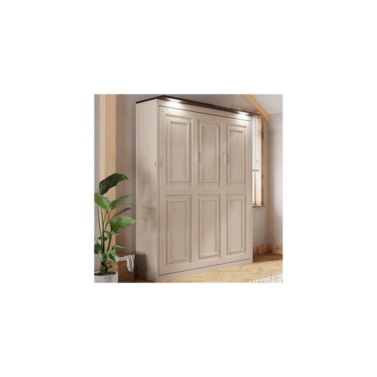 MERITLINE Queen Murphy Bed with LED, Farmhouse Solid Wood Vertical Murphy Wall Bed Cabinet for Adults (Natural Wood)