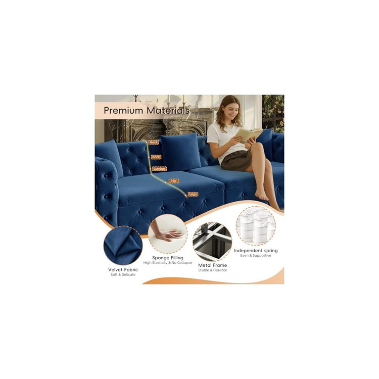 KEIKI 89" Velvet Chesterfield Pull-Out Sleeper Sofa Bed with 3 Throw Pillows, Classic Style 3-in-1 Convertible 4-Seater Tufted Couch with Pull-Out Bed, Easy Assembly, for Living Room, Bedroom, Blue