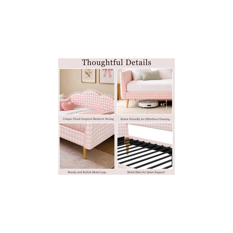Twin Daybed Frame, Pink Gingham Upholstered Daybed with Metal Slats