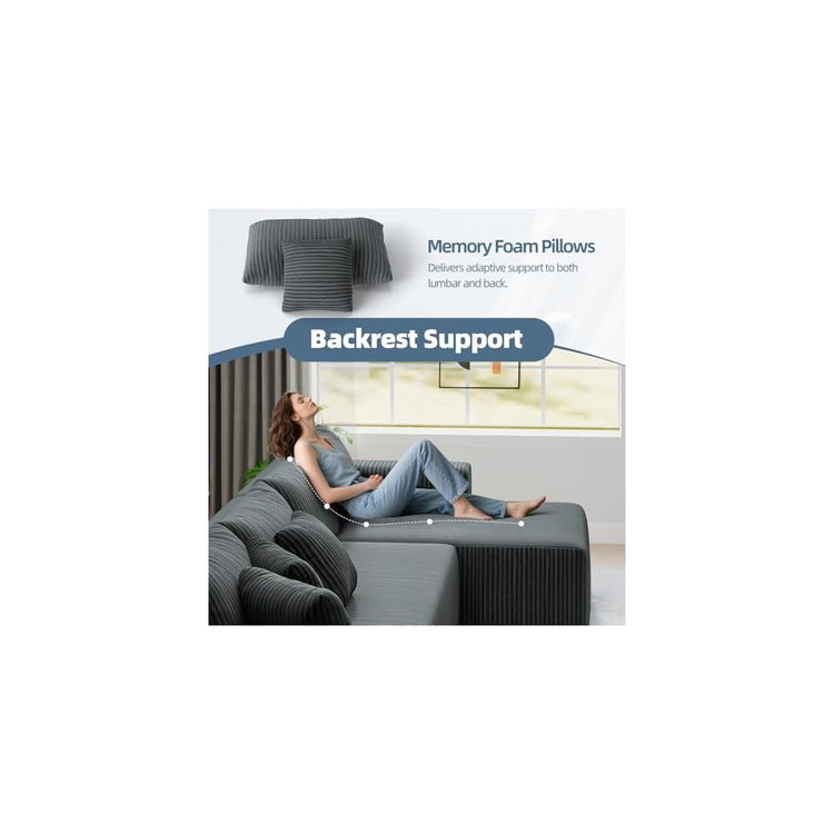 134'' Cloud Couch U-Shaped Sectional Sofa, Corduroy Boneless Couches