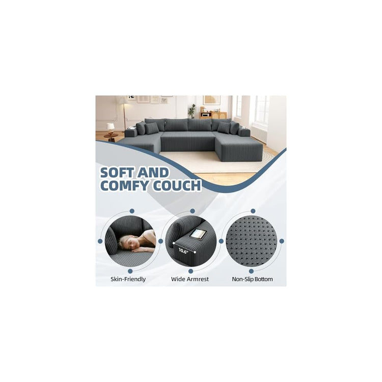 134'' Cloud Couch U-Shaped Sectional Sofa, Corduroy Boneless Couches