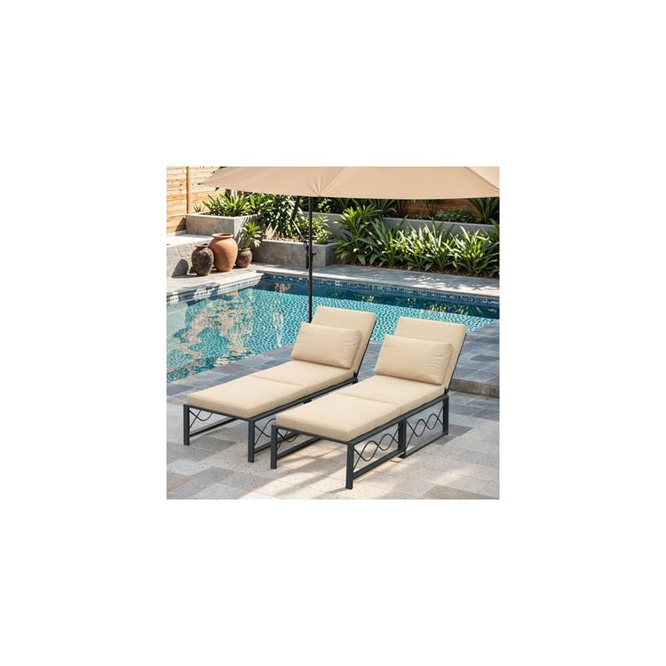 AECOJOY Outdoor Patio Chaise Lounge Chair Set of 2 with Cushion, Beige