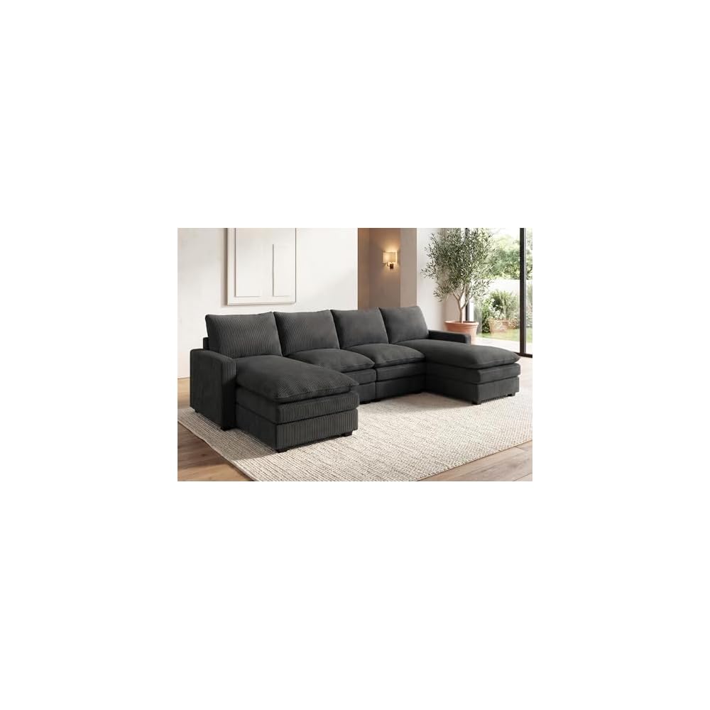 HONBAY Corduroy U Shaped Sectional Sofa with Deep Seat Couch,Grey