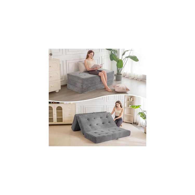 MAXYOYO Folding Sofa Couch Bed, 6 Inch Tri-Fold Floor Sofa Bed, Folding Mattress with Handles, Soft Faux Fur Folding Bed with Supportive Foam Filling, Portable Couch for Living Room, Twin, Grey