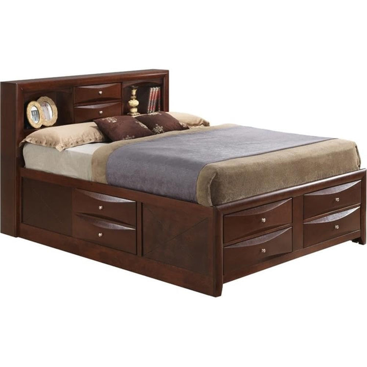 MAKLAINE Contemporary King Storage Bed, Wood Veneers, Cherry Finish, 49" H x 80" W x 92" D, 8 Dovetailed Drawers with Beveled Fronts, Bookcase Headboard, Bedroom Furniture