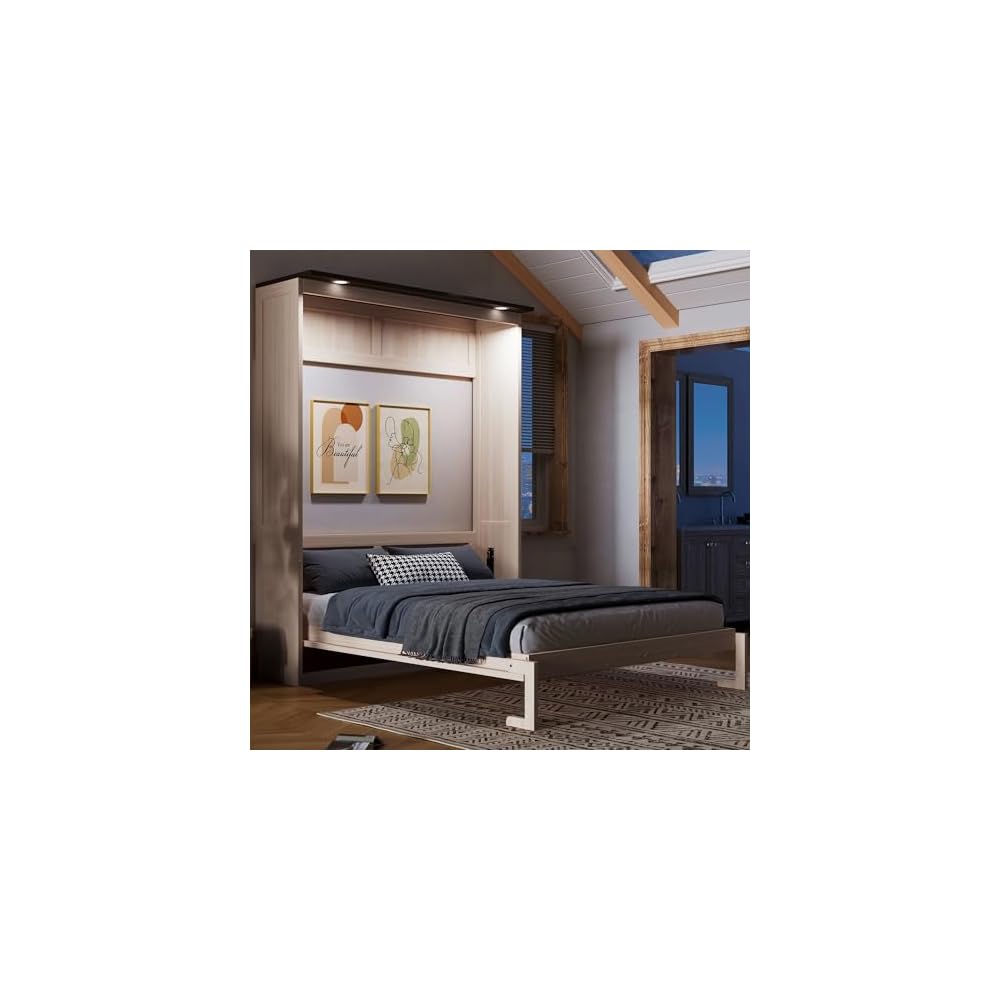 MERITLINE Queen Murphy Bed with LED, Farmhouse Solid Wood Vertical Murphy Wall Bed Cabinet for Adults (Natural Wood)