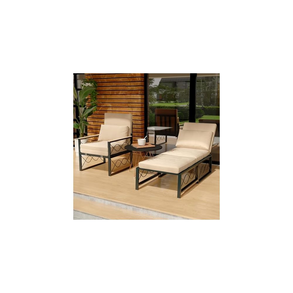 AECOJOY Outdoor Patio Chaise Lounge Chair Set of 2 with Cushion, Beige