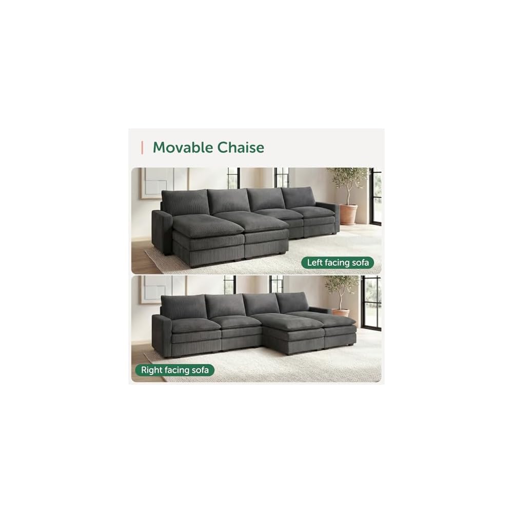 HONBAY Corduroy U Shaped Sectional Sofa with Deep Seat Couch,Grey