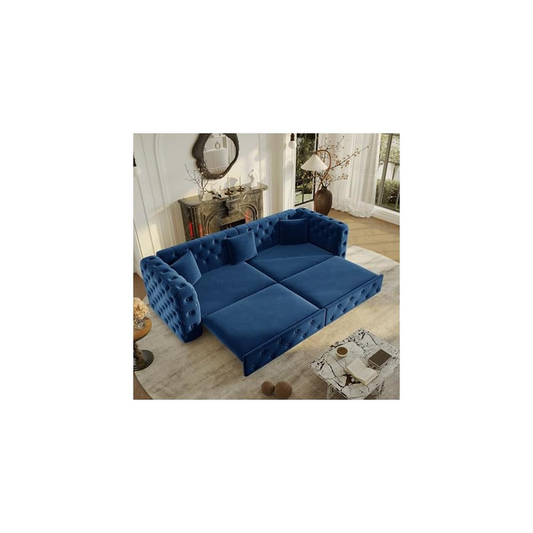 KEIKI 89" Velvet Chesterfield Pull-Out Sleeper Sofa Bed with 3 Throw Pillows, Classic Style 3-in-1 Convertible 4-Seater Tufted Couch with Pull-Out Bed, Easy Assembly, for Living Room, Bedroom, Blue