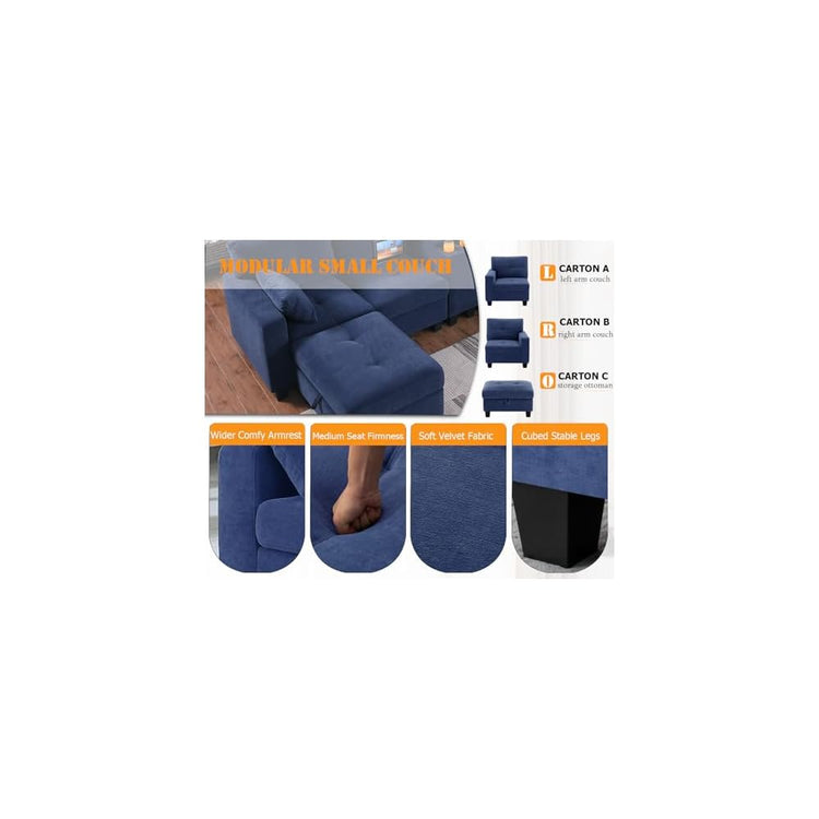 58" Loveseat Sofa with Storage Ottoman, Modular Sectional Sofa Ottoman Set, Navy Blue Velvet Small Office Couch, L Shaped 2 Seater Love Seat Couch for Small Spaces(Navy Blue)