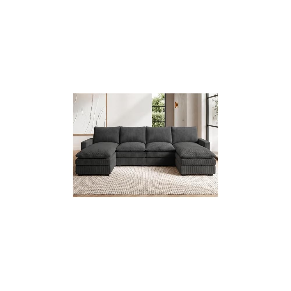 HONBAY Corduroy U Shaped Sectional Sofa with Deep Seat Couch,Grey