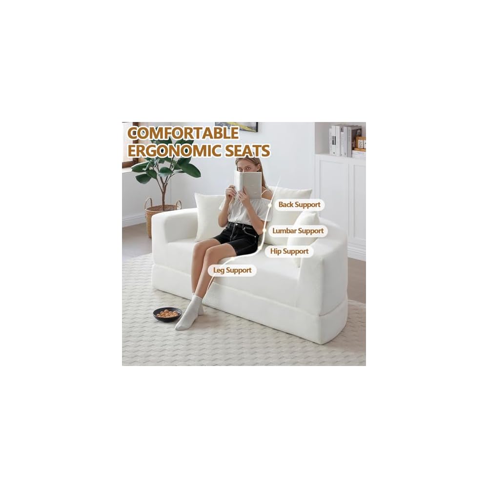 Anwick 67" Convertible Sleeper Sofa Bed Upholstered Round, White Boneless Folding Sofa Bed Couch for Living Room Oversized Round Reading Chair for Bedroom Apartment