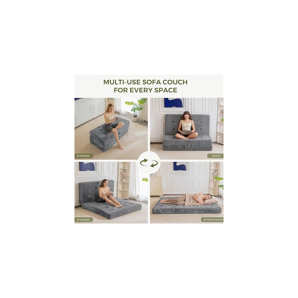 MAXYOYO Folding Sofa Couch Bed, 6 Inch Tri-Fold Floor Sofa Bed, Folding Mattress with Handles, Soft Faux Fur Folding Bed with Supportive Foam Filling, Portable Couch for Living Room, Twin, Grey