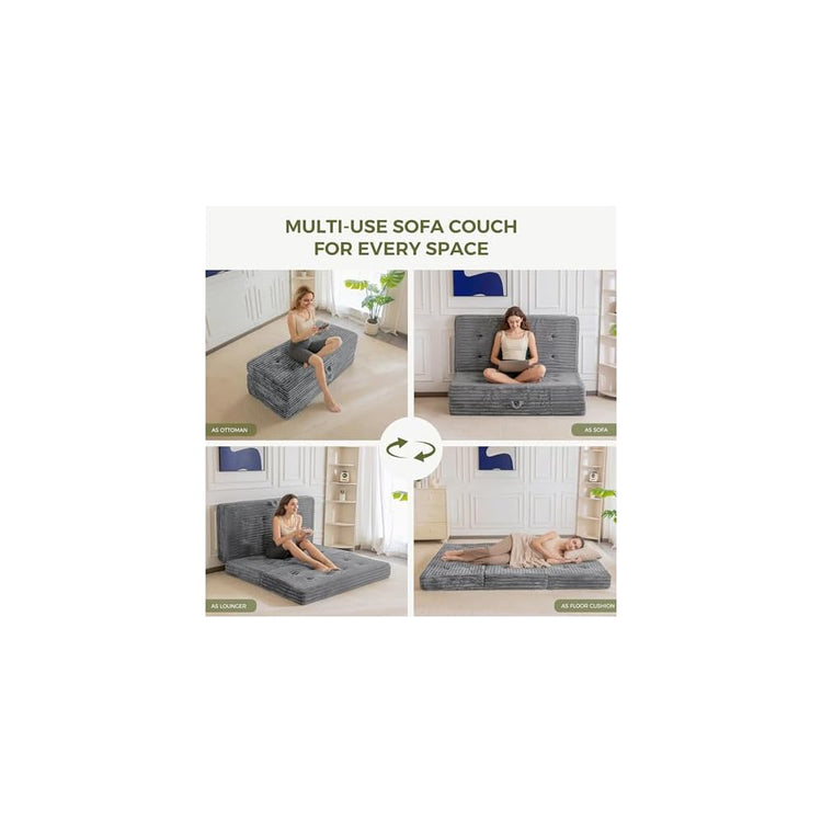 MAXYOYO Folding Sofa Couch Bed, 6 Inch Tri-Fold Floor Sofa Bed, Folding Mattress with Handles, Soft Faux Fur Folding Bed with Supportive Foam Filling, Portable Couch for Living Room, Twin, Grey
