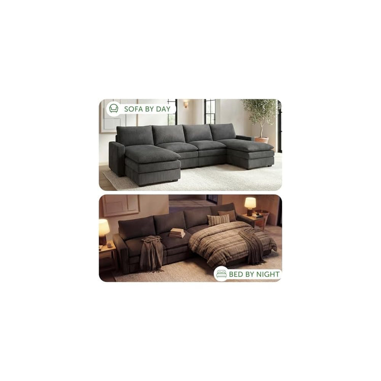 HONBAY Corduroy U Shaped Sectional Sofa with Deep Seat Couch,Grey