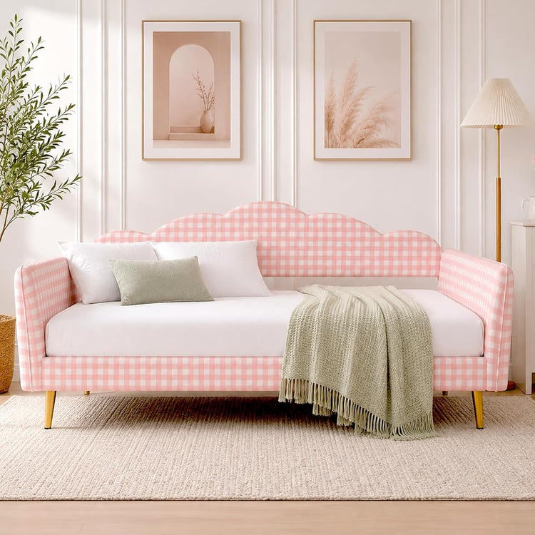 Twin Daybed Frame, Pink Gingham Upholstered Daybed with Metal Slats