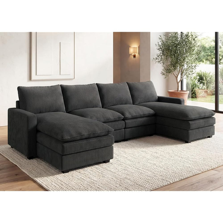 HONBAY Corduroy U Shaped Sectional Sofa with Deep Seat Couch,Grey