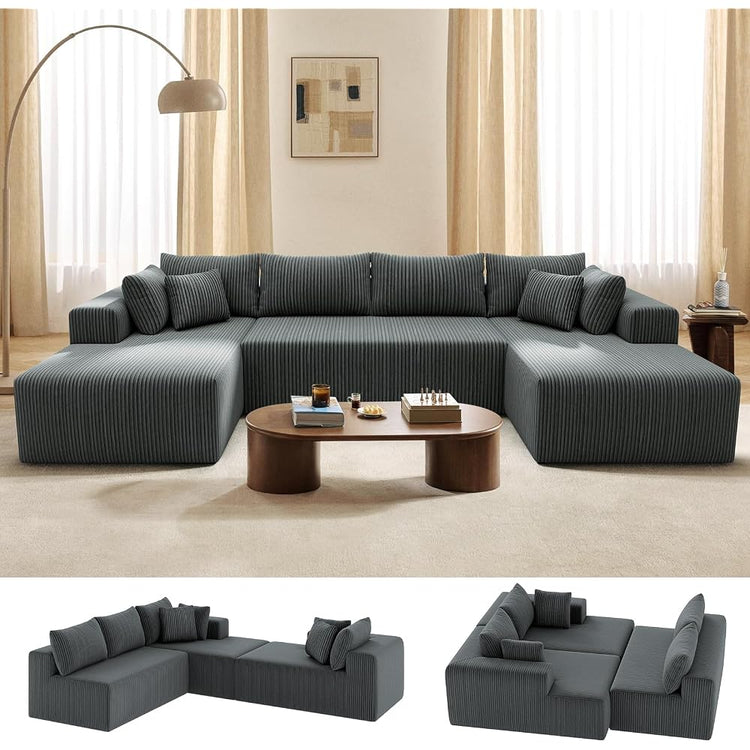 134'' Cloud Couch U-Shaped Sectional Sofa, Corduroy Boneless Couches
