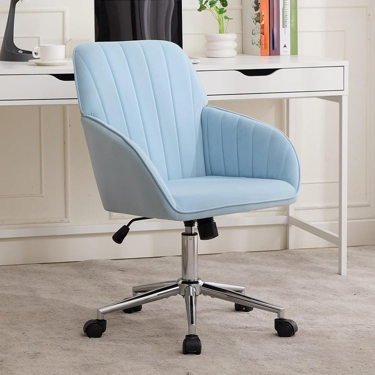 Ergonomic Home Office Chair - Velvet Criss Cross Computer Desk Chair, Mid-Back 360° Rolling PC Chairs, Modern Height Adjustable with Comfy Lumbar & Fixed Armrest for Study Vanity Gaming Blue