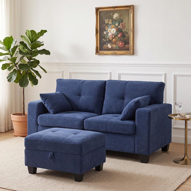 58" Loveseat Sofa with Storage Ottoman, Modular Sectional Sofa Ottoman Set, Navy Blue Velvet Small Office Couch, L Shaped 2 Seater Love Seat Couch for Small Spaces(Navy Blue)
