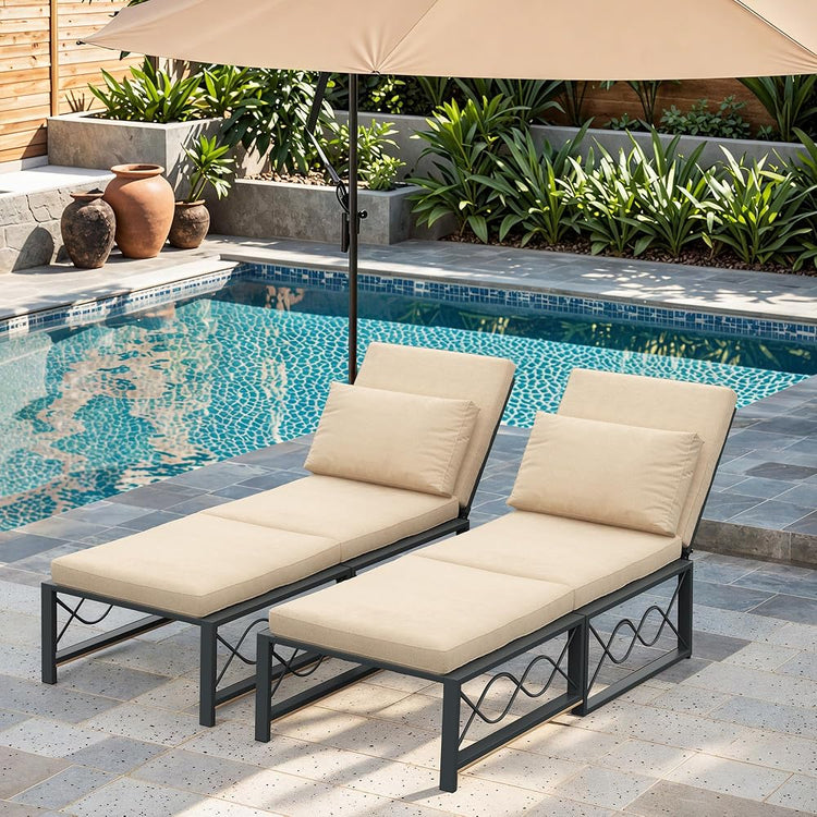 AECOJOY Outdoor Patio Chaise Lounge Chair Set of 2 with Cushion, Beige